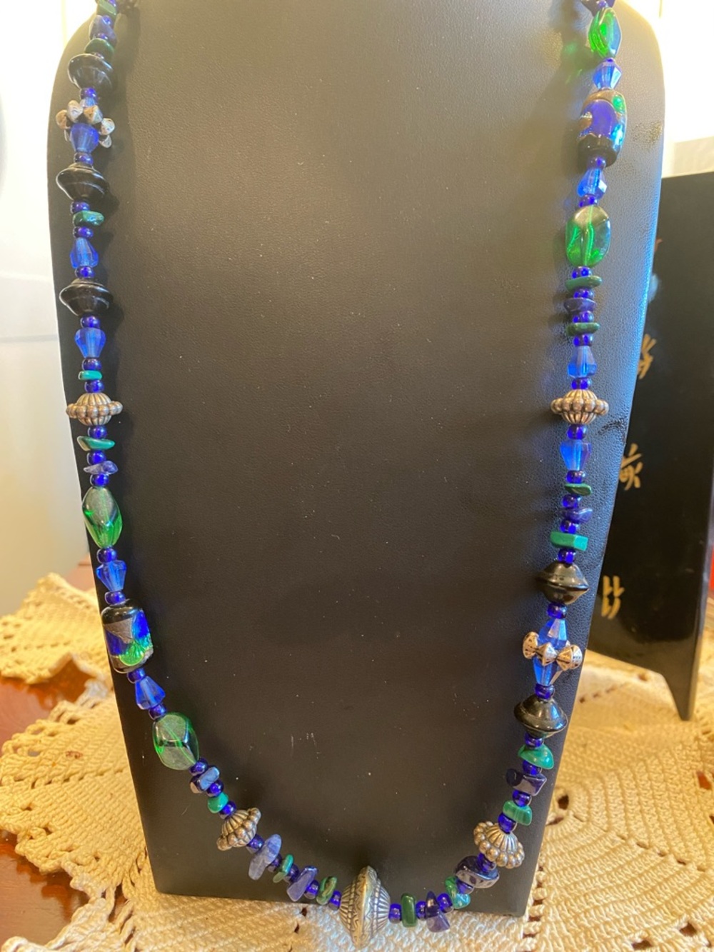 Cobalt Blue & Green Art Glass Beaded Women's Necklace